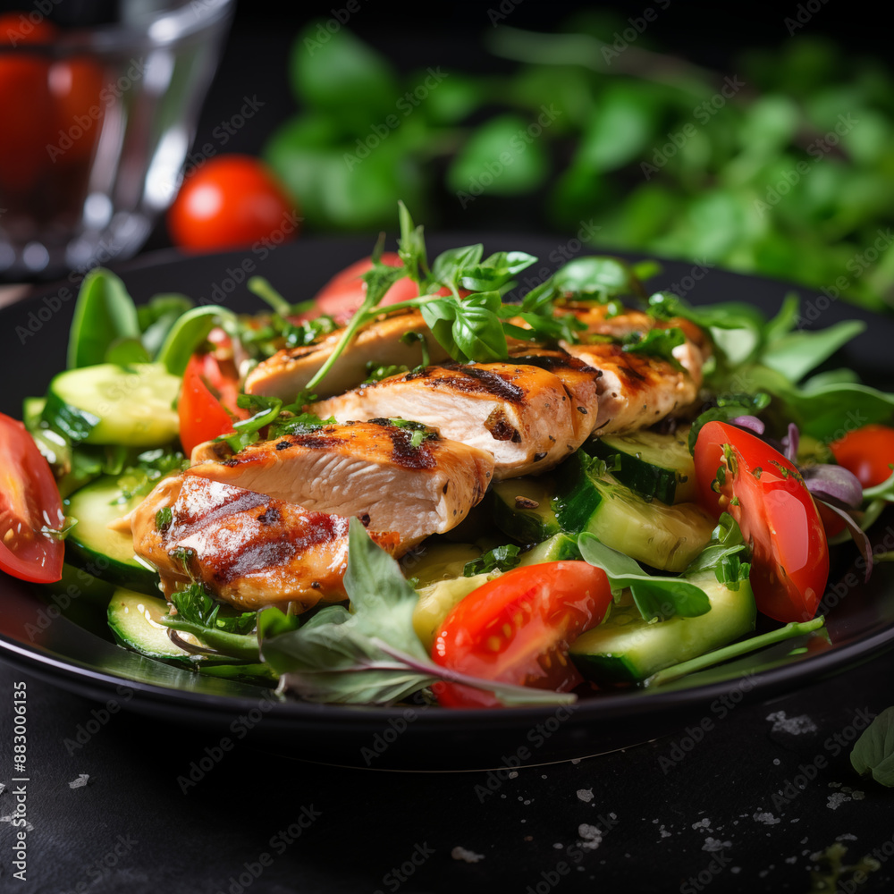 Fresh salad with fresh vegetables and grilled chicken in a round bowl. Healthy food. Commercial Banner, photo for menu Fresh salad with fresh vegetables and grilled chicken in a round bowl. Healthy food. Commercial Banner, photo for menu
