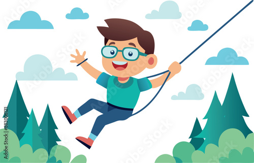 Happy child swinging while holding on to a rope in an amusement park
