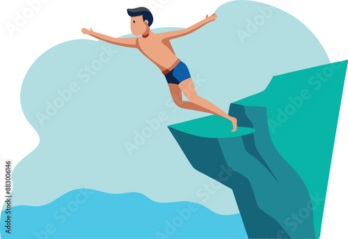 Swimmer man diving from a cliff into the water