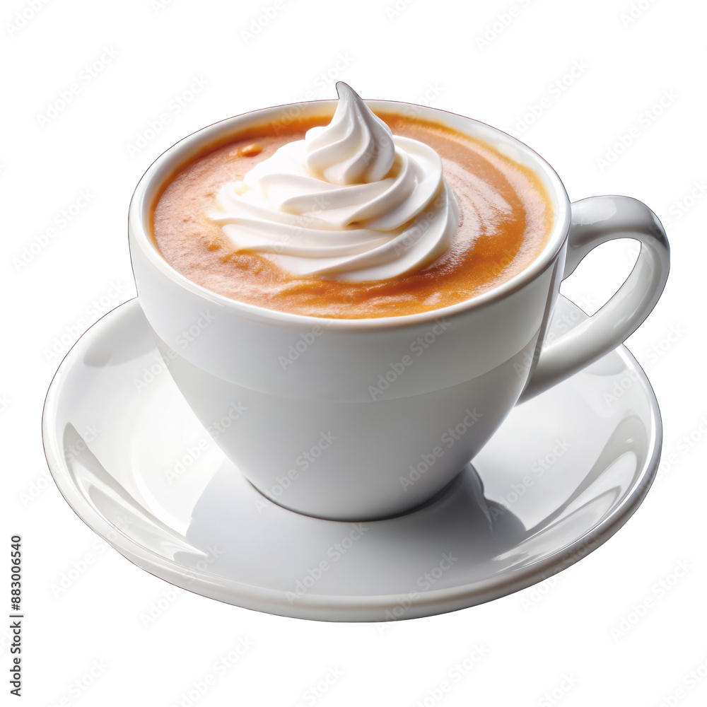 White cup of hot coffee with milk cream isolated on transparent background White cup of hot coffee with milk cream isolated on transparent background