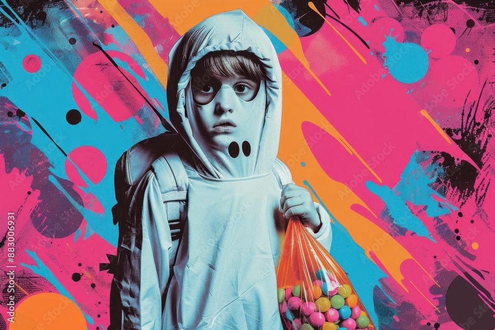 Fototapeta premium Boy in a ghost costume holding a candy bag, pop art, bold colors, dynamic composition