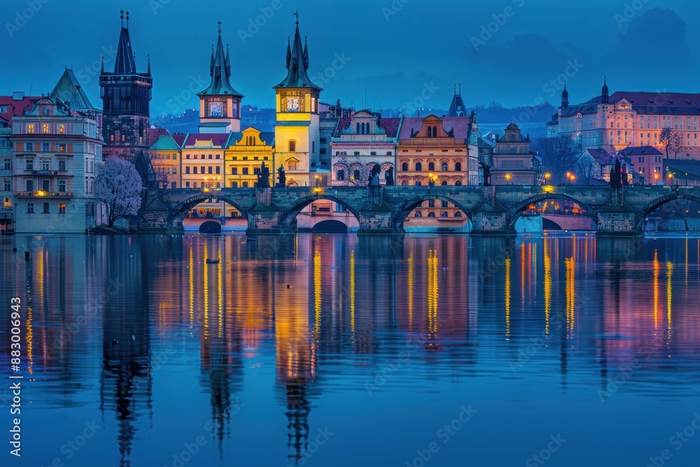 Fototapeta premium Charles Bridge and Prague Skyline at Dusk