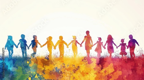 Vibrant watercolor silhouette of children holding hands, representing unity, diversity, and joy, with a splash of colors in the background.