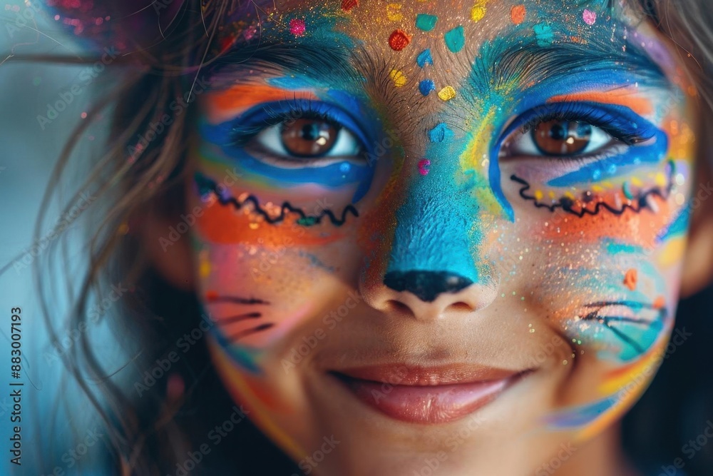 Closeup of a girl with cat face paint, smiling widely, photorealistic, vibrant colors, Halloween fun Closeup of a girl with cat face paint, smiling widely, photorealistic, vibrant colors, Halloween fun