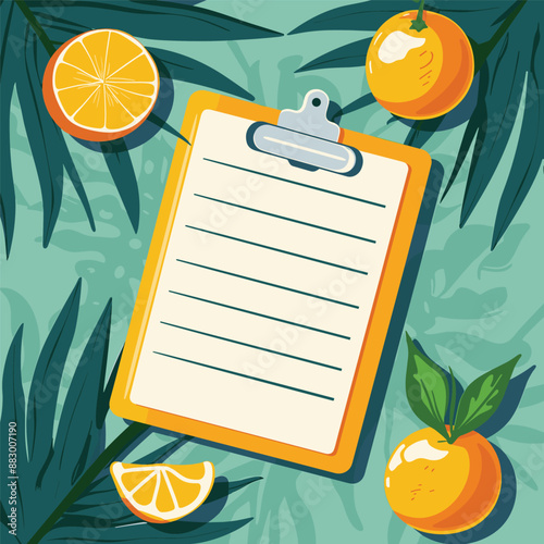 Blank Clipboard with Oranges and Tropical Leaves, Summer To-Do List