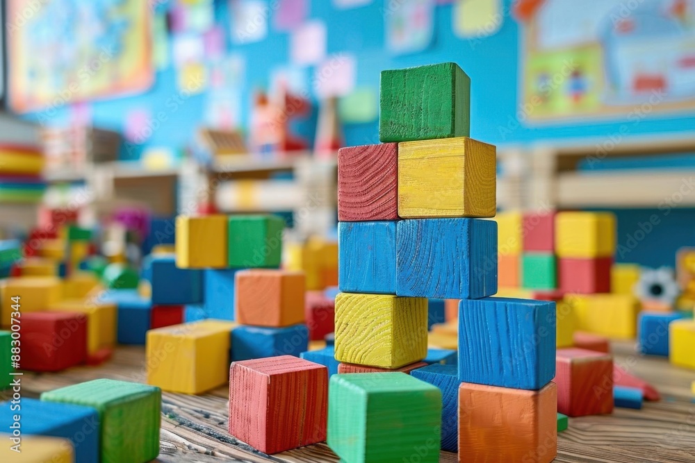Closeup of children stacking building blocks, classroom with educational posters, warm colors, realistic style, detailed block patterns