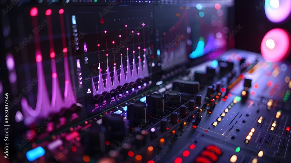 A high-tech audio interface showcasing additive synthesis, building complex sounds by adding together multiple sine waves at different frequencies, amplitudes, and phases A high-tech audio interface showcasing additive synthesis, building complex sounds by adding together multiple sine waves at different frequencies, amplitudes, and phases