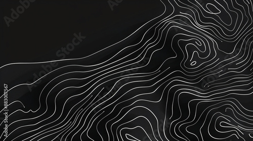 Topographic map background, vector illustration with white lines on black background. Abstract design for travel or outdoor activities concept. Flat lay. Minimal style. Vector Illustration.