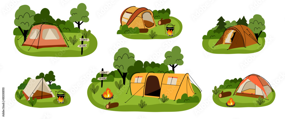 Camping composition. Landscape with trees and bushes. Camp tent and bonfire. Tourist campsite, outdoor adventure, campground in forest. Hiking tourism. Summer vacation vector cartoon flat illustration Camping composition. Landscape with trees and bushes. Camp tent and bonfire. Tourist campsite, outdoor adventure, campground in forest. Hiking tourism. Summer vacation vector cartoon flat illustration
