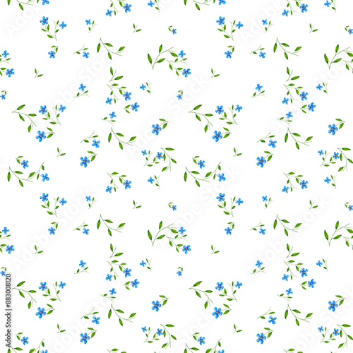 Seamless floral pattern. Watercolor illustration. Botanical illustration. Blue flowers and green twigs and leaves. Forget-me-nots. The flowers are highlighted on the background. Cute baby pictures