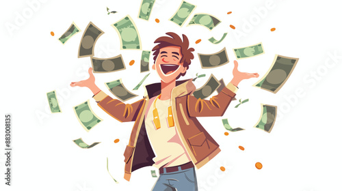 Happy Rich Male Character Presenting Pockets Full of money