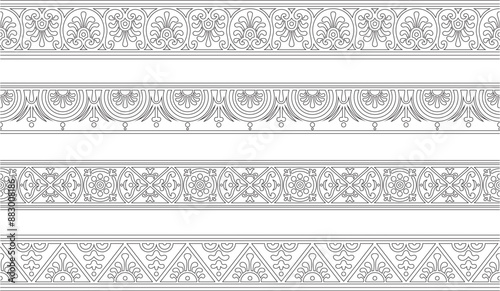 Set of Vector seamless black contour border, Pompeii frame. Endless Neopolitan ornament. Art of Ancient Rome. Template for stained glass