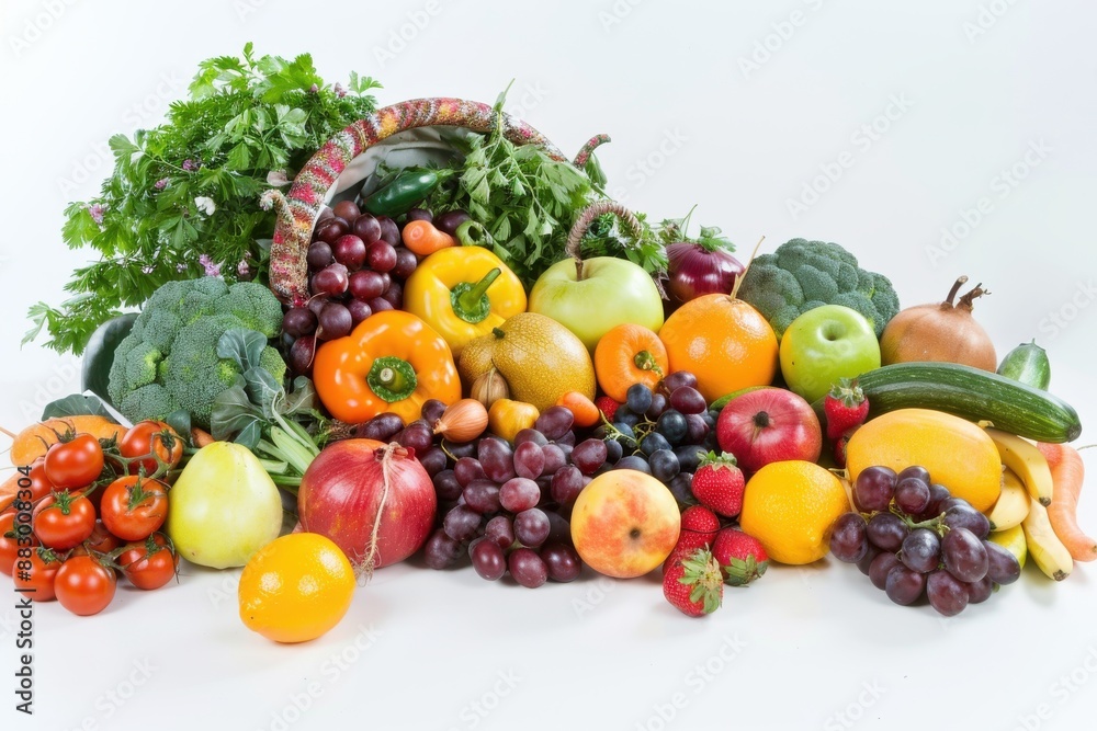 Cornucopia filled with fruits and vegetables on white background Cornucopia filled with fruits and vegetables on white background