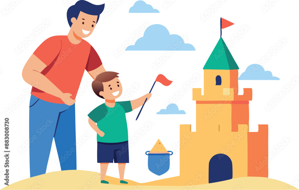 Father and son building a sandcastle on the beach Father and son building a sandcastle on the beach