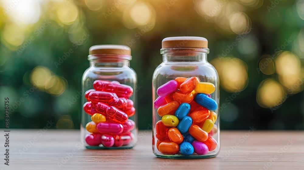 A glass jar of candy next to a pair of small glass jars
A glass jar of candy next to a pair of small glass jars