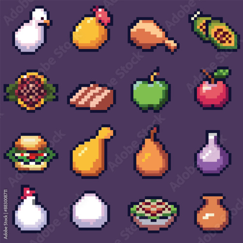 Pixel Art Food Icons Set, Chicken, Egg, Apple, Pear, Avocado, Bread, Burger