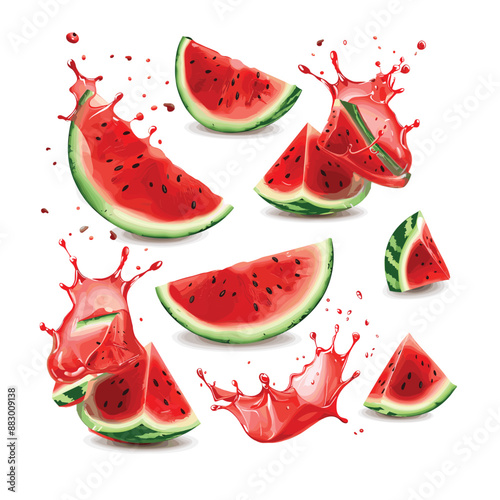 Watermelon Slices with Splashing Juice on White Background