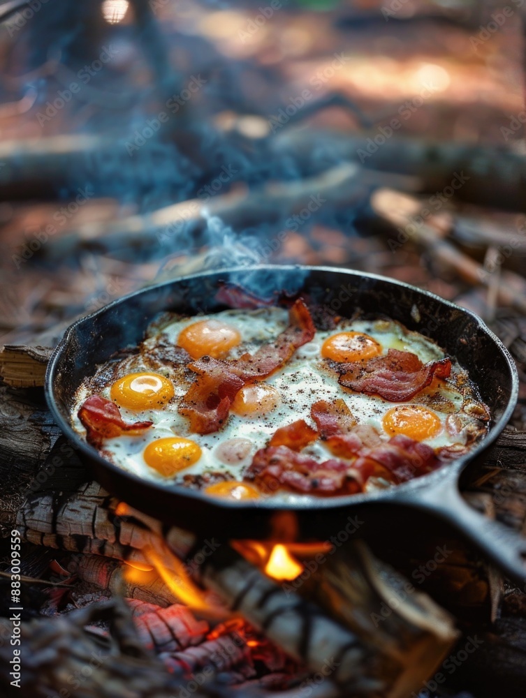Frying pan filled with scrambled eggs, cooked on open flame Frying pan filled with scrambled eggs, cooked on open flame