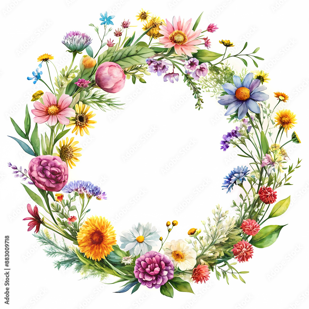 drawn circle wreath with flowers on a white background watercolor drawn circle wreath with flowers on a white background watercolor