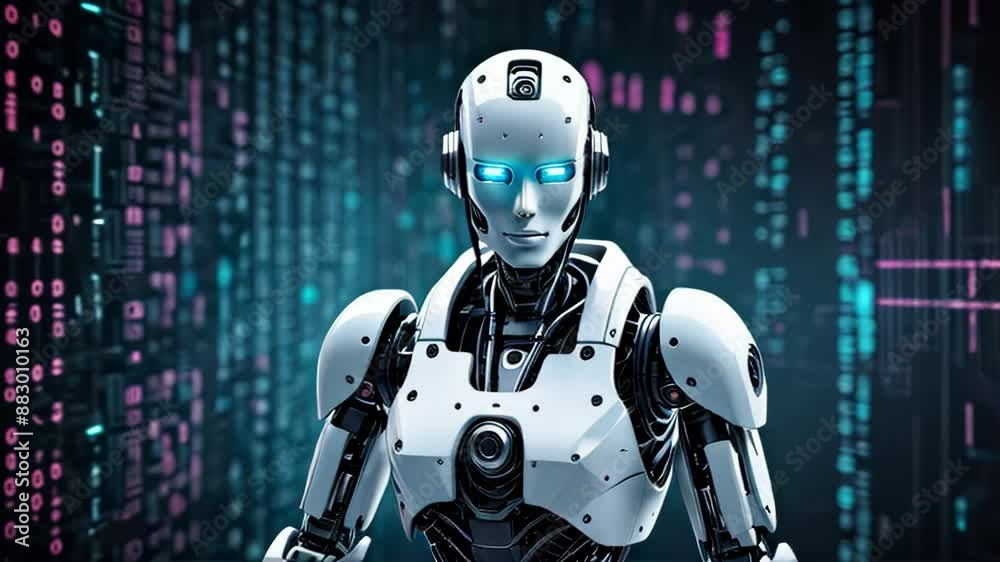Cyberpunk robot on a background of digital code. Digital postcard with the image of a robot, artificial intelligence, technology, future. Cyberpunk robot on a background of digital code. Digital postcard with the image of a robot, artificial intelligence, technology, future.