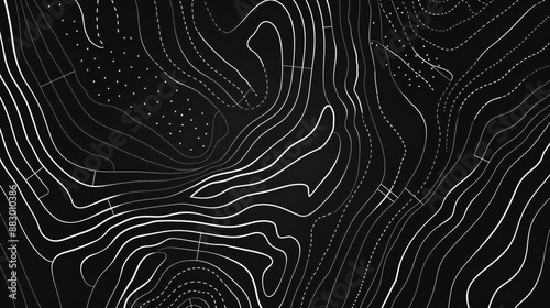 Topographic map background, vector illustration with white lines on black background. Abstract design for travel or outdoor activities concept. Flat lay. Minimal style. Vector Illustration.