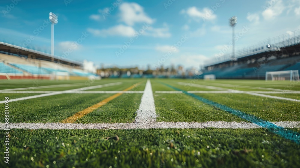 Blurred view of empty football field with lined turf and visible goalposts in a calm atmosphere. Blurred view american football stadium Blurred view of empty football field with lined turf and visible goalposts in a calm atmosphere. Blurred view american football stadium