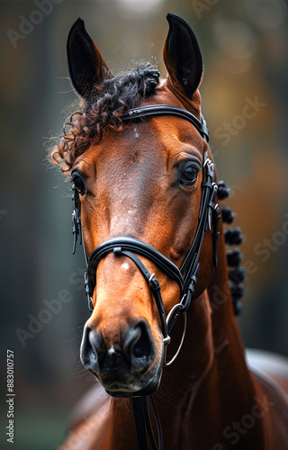 A brown horse with a black bridle and a black nose