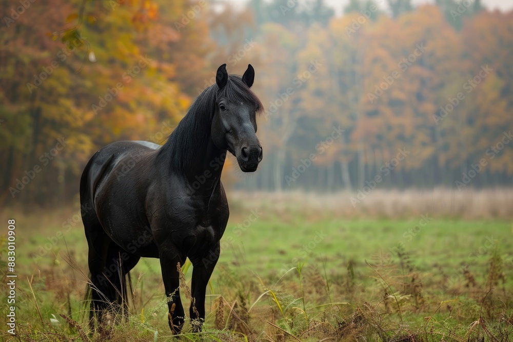 Black horse on a green field. thoroughbred horse on background of an autumn field. domestic animal Black horse on a green field. thoroughbred horse on background of an autumn field. domestic animal
