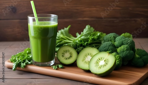 A green juice glass on a wooden table along green juciy vegetables  photo