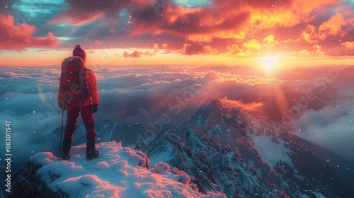 Hiker on a mountain peak at sunrise, vibrant colors, dramatic landscape © Ummeya