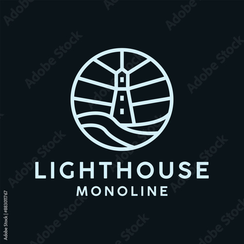 Monoline Lighthouse Logo Vector, Building Emblem Icon Symbol, Landmark Creative Vintage Graphic Design