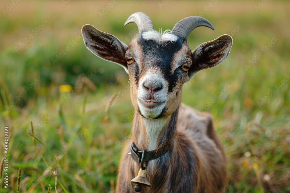 A goat with a bell around its neck. A domestic goat on green background in a summer day. Pet. A goat with a bell around its neck. A domestic goat on green background in a summer day. Pet.