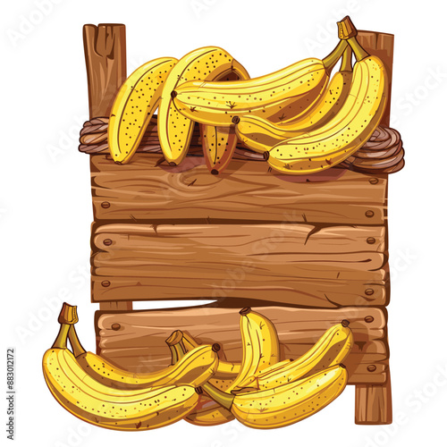Fresh Bananas on Wooden Crate with Blank Sign for Text