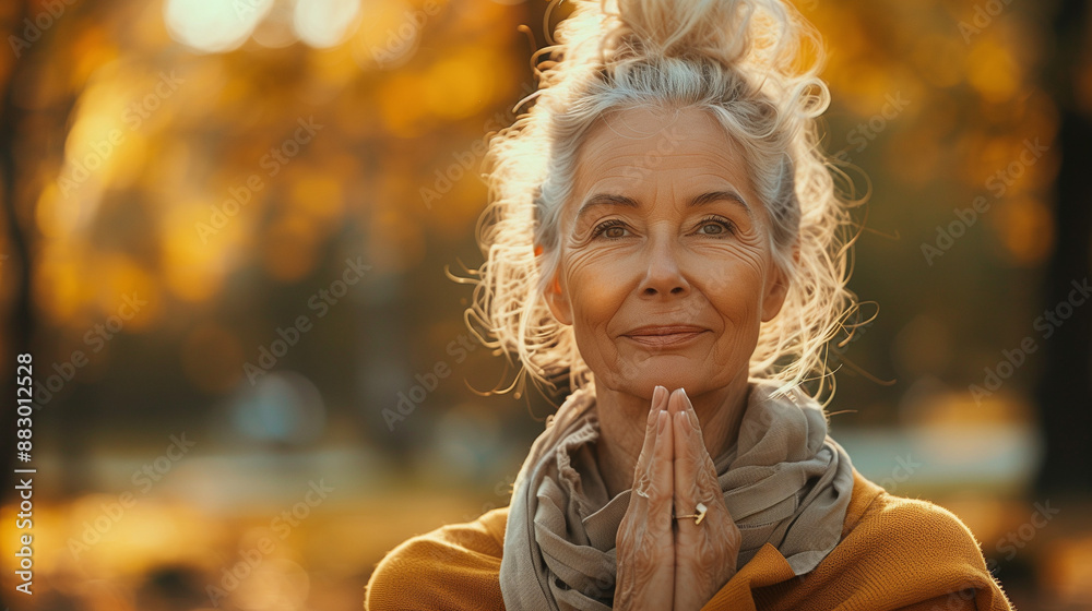 Elderly Woman Practicing Yoga Outdoors at Sunset Elderly Woman Practicing Yoga Outdoors at Sunset