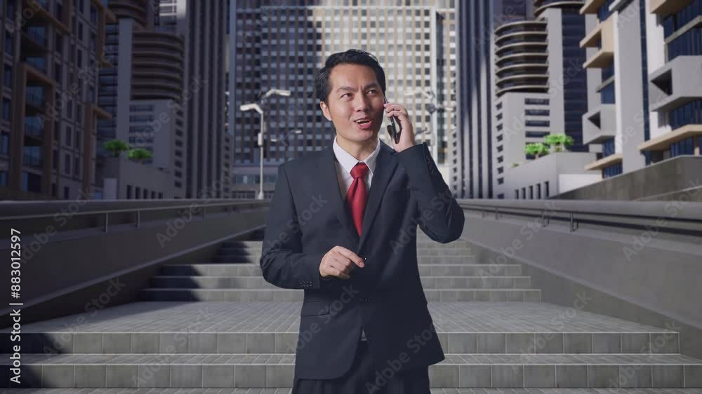 A Smiling Asian Business Man Talking On Mobile Phone In City A Smiling Asian Business Man Talking On Mobile Phone In City