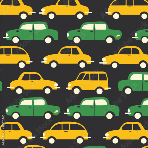 Seamless Pattern of Yellow and Green Cars on Black Background
