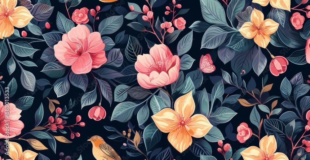 An elegant dark blue pattern with small white flowers and pink berries An elegant dark blue pattern with small white flowers and pink berries