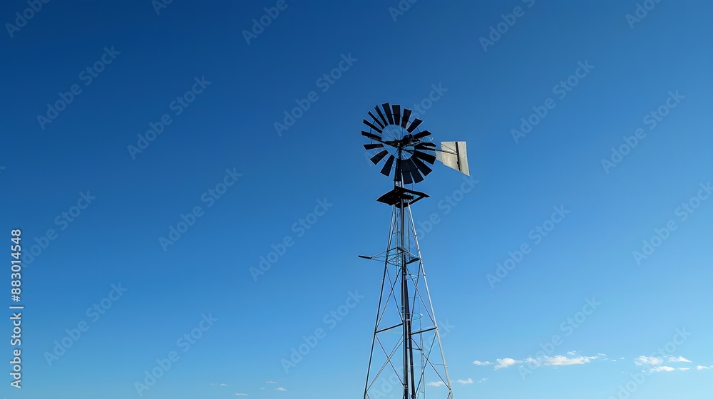 From below of tall windmill located against cloudless blue sky in daytime. 