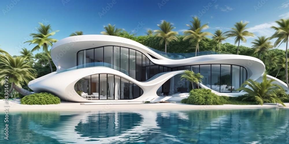 modern house with a curved roof and large glass windows, surrounded by lush greenery and a clear blue water body, giving a serene tropical ambiance. modern house with a curved roof and large glass windows, surrounded by lush greenery and a clear blue water body, giving a serene tropical ambiance.