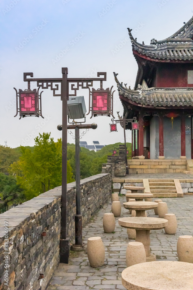 Traditional street lights on the city wall of Panmen scenic area in Suzhou, China