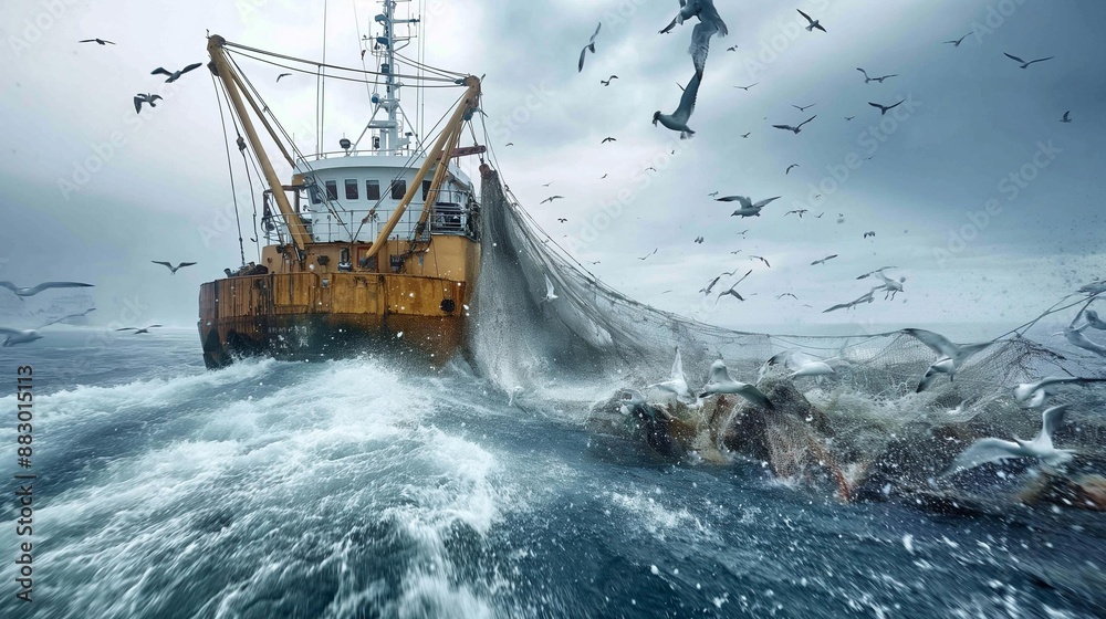 Obraz premium AI generator image of The Economist magazine taken with a professional camera of a mega fishing trawler hauling in their nets full of fish
