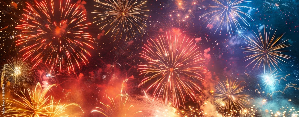 Fototapeta premium Fireworks display on black background, red and gold colors