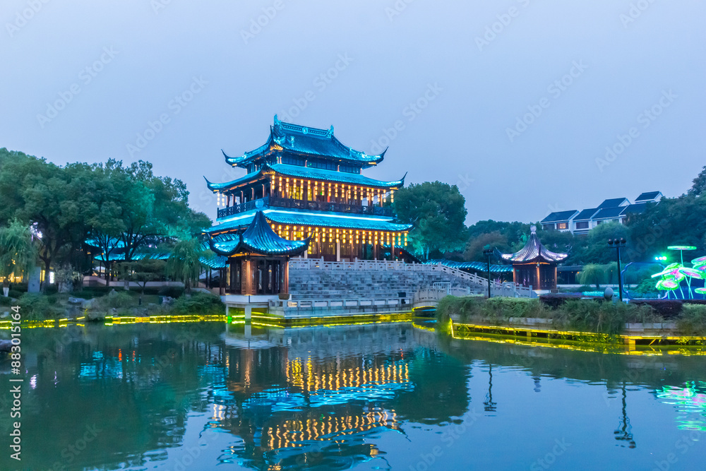 Pavillion in blue hour light in the Panmen scenic area in Suzhou, China