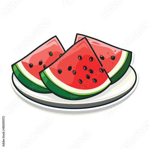 Three slices of watermelon on a white plate.