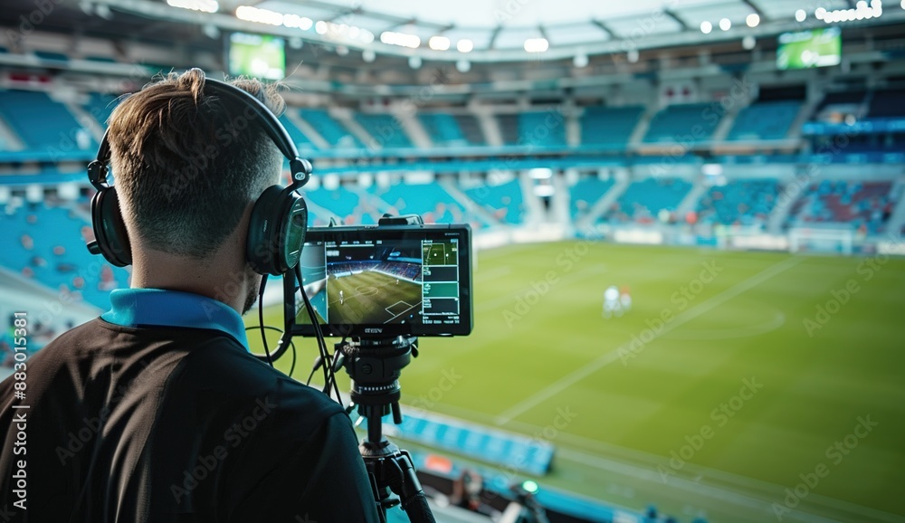 Videographer Filming a Soccer Game in Stadium Videographer Filming a Soccer Game in Stadium