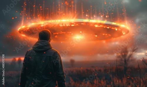 Back view of man looking at alien invasion, UFO flying in the sky, concept of evidence and sighting, Generative AI