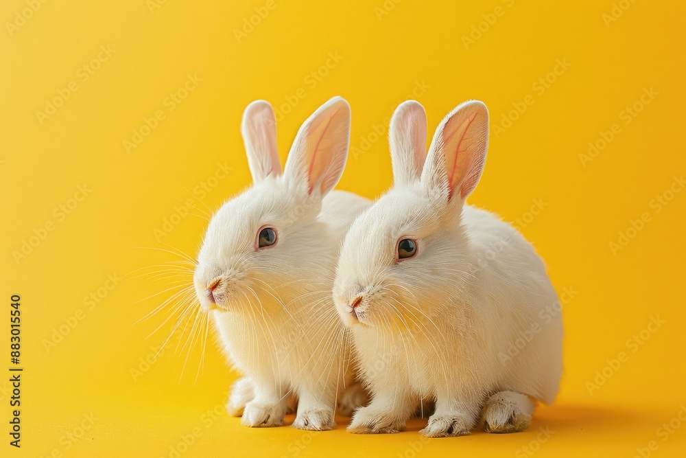 A pair of white rabbits on yellow background. Decorative fluffy rabbits on an orange background. Professional photo. Pet. A pair of white rabbits on yellow background. Decorative fluffy rabbits on an orange background. Professional photo. Pet.