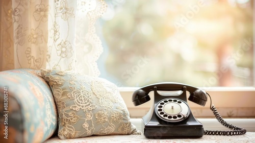Cozy vintage living room with a rotary phone and lace curtains, nostalgic charm