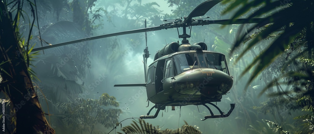Experience the Harrowing Sights and Sounds of Vietnam War with a Helicopter Navigating the Jungle Canopy