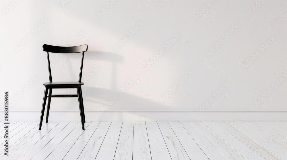 Empty white room with a single black chair, showcasing minimalism Empty white room with a single black chair, showcasing minimalism